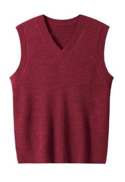 ZHILI Herren V-Ausschnitt ärmelloser Strickpullover einfarbig Herren Fit Top_Crimson_Medium von ZHILI