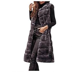 Damen Einfarbig Lange Weste Jacke Kunstfell Warm Casual Ärmellos Weste Plüsch Rundhals Mode Outwear Mantel für Winter Herbst, grau, 42 von ZHINIAN