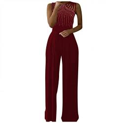 ZHINIAN Ärmellose Jumpsuits für Damen, sexy Neckholder-Strampler, Sommer-Pailletten, formell, lässig, lockere Hose mit weitem Bein, wein, S von ZHINIAN