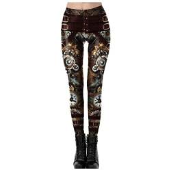 ZHINIAN Damen Steampunk Retro Leggings Comic Cosplay Punk 3D Gedruckt Gothic Hose Stretch Skinny Laufen Yoga Hose Strumpfhose, gold, XL von ZHINIAN