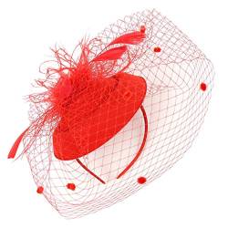 ZHINIAN Fascinators Hüte für Frauen mit Federschleier, Netzhut, Haarspange, Teeparty, Pillbox, Derbyhut, Fascinator, Brautschmuck, Hochzeit, Schleier, Sommer, rot, One size von ZHINIAN