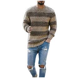 ZHINIAN Herren Pullover Gestreifter Rundhalsausschnitt Strickpullover Slim Fit Casual Langarm Pullover Herbst Winter Weich Warm Pullover Tops, khaki, Small von ZHINIAN