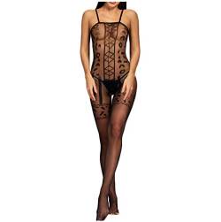 ZHISHIMEIM Damen Unterwäschen Reizwäsche Netz Strumpfhose Bodystockings Hohle Blumen Frauen Bodysuit Nachtwäsche Dessous Sexy Netz Catsuit Feine Spitze Overall Langarm Offen Im Schritt Schwarz von ZHISHIMEIM