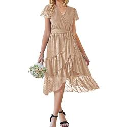 ZHIYUEE Damen Sommerkleid Chiffon Kleid Elegant V-Ausschnitt Kleider Abend Cocktailkleid Partykleid Abendkleid Rüschen Strandkleid Kleid mit Gürtel (as3, Alpha, m, Regular, Regular, Beige) von ZHIYUEE