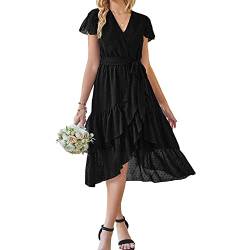 ZHIYUEE Damen Sommerkleid Chiffon Kleid Elegant V-Ausschnitt Kleider Abend Cocktailkleid Partykleid Abendkleid Rüschen Strandkleid Kleid mit Gürtel (as3, Alpha, m, Regular, Regular, Schwarz) von ZHIYUEE