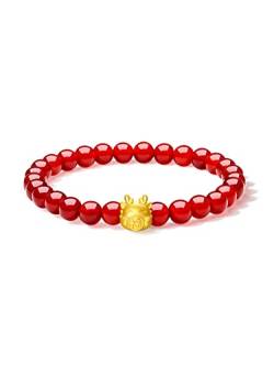 ZHOU LIU FU 24K Gold Armbänder für Frauen dehnbare glückliche Tiere echter Goldarmarmarme Armbänder reines Gold Achat Perlen Onyx Zodiac Bunny 17 cm rotes Armband (Drachen) von ZHOU LIU FU