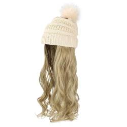 Hutperücke abnehmbare 23,6 "lange, wellige lockige Haarhüte für Frauen Winter warmes weiches gestrickter Hüte mit Haaren für Frauen weiße Haarstücke von ZHOUBINGBING