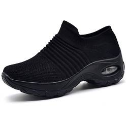 ZHR Damen Sneakers Mesh Atmungsaktiv Schuhe Leichtgewicht Keilabsatz Schuhe Slip on Sportschuhe Laufschuhe Alles Schwarz EU 39 von ZHR