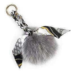 ZHSH 8,9 cm Fuchspelz-Bommel-Schlüsselanhänger Für Frauen, Elegantes Seidenband-Schal-Anhänger-Zubehör Mit Goldenem Schlüsselring Für Rucksack (Grau) von ZHSH