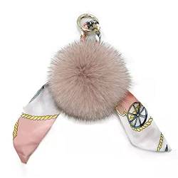 ZHSH 8,9 cm Fuchspelz-Bommel-Schlüsselanhänger Für Frauen, Elegantes Seidenband-Schal-Anhänger-Zubehör Mit Goldenem Schlüsselring Für Rucksack (Rosa) von ZHSH