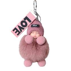 ZHSH 9 cm Fuchspelz Pom Pom Schlüsselanhänger für Rucksack, Süße Schlafende Puppe Schlüsselanhänger für Autoschlüssel, mit Armband (A) von ZHSH