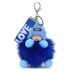 ZHSH 9 cm Fuchspelz Pom Pom Schlüsselanhänger für Rucksack, Süße Schlafende Puppe Schlüsselanhänger für Autoschlüssel, mit Armband (C) von ZHSH