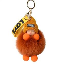 ZHSH 9 cm Fuchspelz Pom Pom Schlüsselanhänger für Rucksack, Süße Schlafende Puppe Schlüsselanhänger für Autoschlüssel, mit Armband (D) von ZHSH