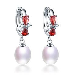 925 Sterling Silber rot Schleife Zirkon Tropfen Ohrringe 100% echte natürliche Süßwasser ovale Perlenohrringe für Frauen von ZHUDJ