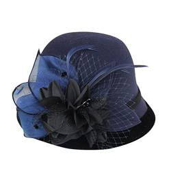 Damen Vintage Cloche Hut Kunstfilz Floppy Bowler 1920er Jahre Kirche Hüte Elegant Blume Fedora Bucket Hat Kleid Hut, Marineblau, EinheitsgröÃŸe von ZHUYOU