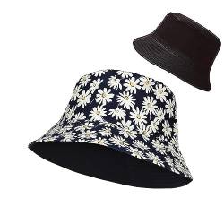 ZHjuju Fischerhut Sonnenhut Baumwolle Fischerhut Bucket Hat mit Gänseblümchen Druck,Damen Fischerhüte Sonnenhut Strandhut Fishermütze Sommerhut Draussenhut Faltbarer Reversibel Reversibel Bucket von ZHjuju