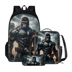 ZIATUBLES Backpck Set für Jungen Mädchen Schultasche mit Lunchtasche und Federmäppchen Rucksack College Büchertasche Outdoor Daypack, Grunge Gorilla Knight, Einheitsgröße, Tagesrucksäcke von ZIATUBLES