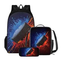 ZIATUBLES Backpck Set für Jungen Mädchen Schultasche mit Lunchtasche und Federmäppchen Rucksack College Büchertasche Outdoor Daypack, Splatter Painting Eishockey, Einheitsgröße, Tagesrucksäcke von ZIATUBLES