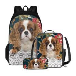 ZIATUBLES Backpck Set für Jungen Mädchen Schultasche mit Lunchtasche und Federmäppchen Rucksack College Büchertasche Outdoor Daypack, Vintage Floral Pudel Hund, Einheitsgröße, Tagesrucksäcke von ZIATUBLES