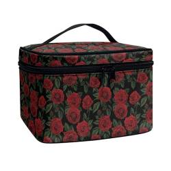 ZIATUBLES Kosmetiktasche für Damen, große Kapazität, Make-up-Tasche mit Tragegriff oben, Kulturbeutel für Reisen und Outdoor-Aktivitäten, Rote Retro-Rose, Einheitsgröße von ZIATUBLES