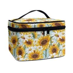 ZIATUBLES Kosmetiktasche für Damen, großes Fassungsvermögen, Make-up-Pack, Hautpflege-Halter, Kulturbeutel für Urlaub, Outdoor-Aktivitäten, Retro-Gänseblümchen-Sonnenblume, Einheitsgröße von ZIATUBLES