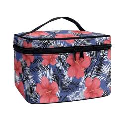 ZIATUBLES Make-up-Tasche für Damen, mit Tragegriff oben, tragbar, Zugtasche, große Kapazität, Kulturbeutel für den Urlaub, Hibiskusblume, Palme, Monstera-Blätter, Einheitsgröße von ZIATUBLES