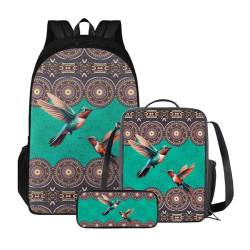 ZIATUBLES Rucksack-Set für Jungen und Mädchen, Schultasche mit Lunchtasche und Federmäppchen, geräumiger Rucksack, Tagesrucksack für Outdoor, Boho Mandala Kolibri, Einheitsgröße, Tagesrucksäcke von ZIATUBLES