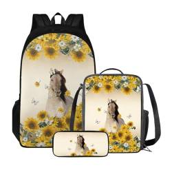ZIATUBLES Rucksack-Set für Jungen und Mädchen, Schultasche mit Lunchtasche und Federmäppchen, geräumiger Rucksack, Tagesrucksack für Outdoor, Sonnenblume, Pferd, Schmetterling, Einheitsgröße, von ZIATUBLES