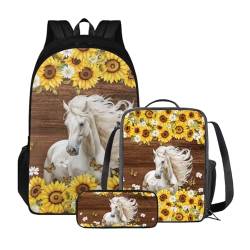 ZIATUBLES Rucksack-Set für Jungen und Mädchen, Schultasche mit Lunchtasche und Federmäppchen, geräumiger Rucksack, Tagesrucksack für Outdoor, Sonnenblume Pferd Schmetterling 2, Einheitsgröße, von ZIATUBLES