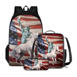 ZIATUBLES Rucksack-Set für Jungen und Mädchen, Schultasche mit Lunchtasche und Federmäppchen, geräumiger Rucksack, Tagesrucksack für Outdoor, USA-Flagge Liberty Status Pferd, Einheitsgröße, von ZIATUBLES
