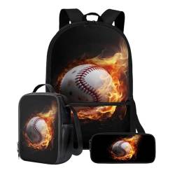 ZIATUBLES Schüler-Rucksack-Set, Schultasche, 3er-Pack, Reisetasche, Lunchbox, Federmäppchen, Jungen, Mädchen, 43,2 cm, Rucksack, Tagesrucksack, Fire Baseball, Einheitsgröße, Schulranzen-Set von ZIATUBLES