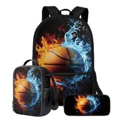 ZIATUBLES Schüler-Rucksack-Set, Schultasche, 3er-Pack, Reisetasche, Lunchbox, Federmäppchen, Jungen, Mädchen, 43,2 cm, Rucksack, Tagesrucksack, Retro Fire Basketball, Einheitsgröße, Schulranzen-Set von ZIATUBLES