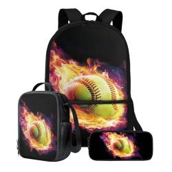 ZIATUBLES Schüler-Rucksack-Set, Schultasche, 3er-Pack, Reisetasche, Lunchbox, Federmäppchen, Jungen, Mädchen, 43,2 cm, Rucksack, Tagesrucksack, Vintage Fire Softball, Einheitsgröße, Schulranzen-Set von ZIATUBLES