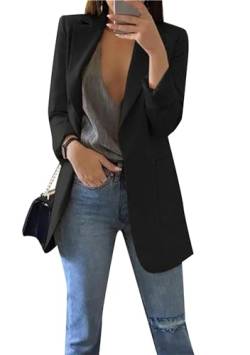 ZICUE Damen Herbst Casual Revers Blazer Offene Front Langarm Basic Anzug Arbeit Büro Taschen Jacken Blazer Schwarz 3XL von ZICUE