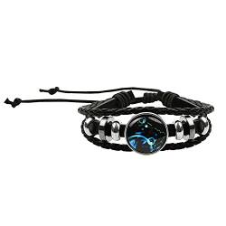 ZIJANG 12 Sternzeichen Armband, Fische Handgewebtes Schwarzes Leder Armband, Mit leuchtendem Muster und High-End-Box, Verstellbarer Armbandriemen, Armbänder für Männer und Frauen von ZIJANG