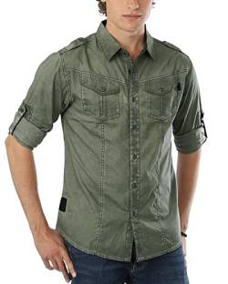 ZIMEGO Herren Langarm Button Down Shirt - Vintage Washed Army Style Casual Shirts, 104 Military Green, XL von ZIMEGO