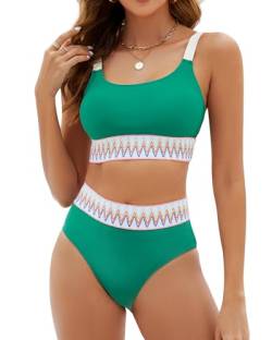 ZINPRETTY Damen-Bikini-Set mit hoher Taille, Sport-Badeanzug, Farbblock, U-Ausschnitt, frecher Badeanzug, Grün/Weiß, 2-teiliger Badeanzug, Large von ZINPRETTY