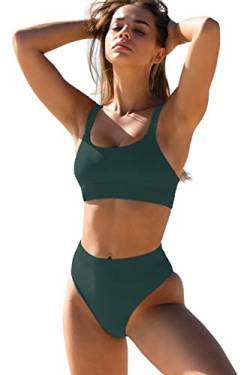 ZINPRETTY Damen-Bikini-Set mit hoher Taille, Sport-Farbblock-Badeanzug, U-Ausschnitt, frecher Badeanzug, Dunkelgrüne Bademode, Large von ZINPRETTY
