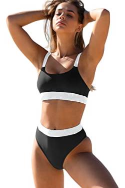 ZINPRETTY Damen-Bikini-Set mit hoher Taille, Sport-Farbblock-Badeanzug, U-Ausschnitt, frecher Badeanzug, Schwarz Weiß, S von ZINPRETTY