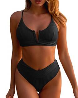 ZINPRETTY Zweiteiliges Damen-Bikini-Set, gerippt, V-Ausschnitt, hohe Taille, Crossover-Badeanzug, Push-Up-Bademode, Schwarzer 2-teiliger Badeanzug, Medium von ZINPRETTY