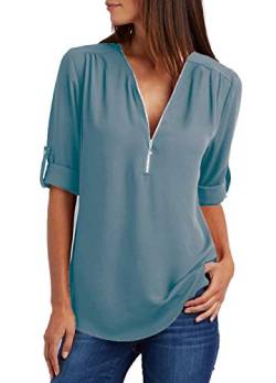 Damen Chiffon Blusen Elegante Reißverschluss Langarmshirts Bluse Tunika Oberteile T-Shirt V-Ausschnitt Tops A Pfauenblau XL von ZIOOER