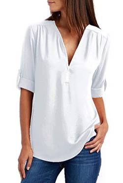 Damen Chiffon Blusen Elegante Reißverschluss Langarmshirts Bluse Tunika Oberteile T-Shirt V-Ausschnitt Tops A Weiß 2XL von ZIOOER