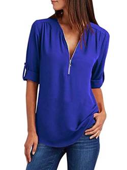 Damen Chiffon Blusen Elegante Reißverschluss Langarmshirts Bluse Tunika Oberteile T-Shirt V-Ausschnitt Tops Blau 2XL von ZIOOER