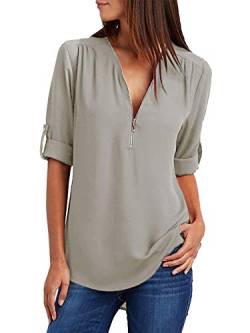 Damen Chiffon Blusen Elegante Reißverschluss Langarmshirts Bluse Tunika Oberteile T-Shirt V-Ausschnitt Tops Grau S von ZIOOER