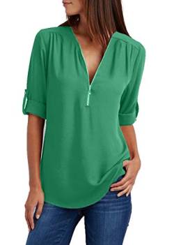 Damen Chiffon Blusen Elegante Reißverschluss Langarmshirts Bluse Tunika Oberteile T-Shirt V-Ausschnitt Tops Grün S von ZIOOER