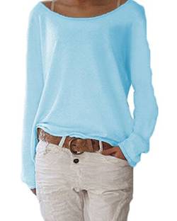 Damen Pulli Langarmshirts T-Shirt Rundhals Ausschnitt Lose Bluse Hemd Pullover Oversize Sweatshirt Oberteil Tops A Cyan S von ZIOOER