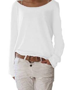 Damen Pulli Langarmshirts T-Shirt Rundhals Ausschnitt Lose Bluse Hemd Pullover Oversize Sweatshirt Oberteil Tops Weiß 2XL von ZIOOER