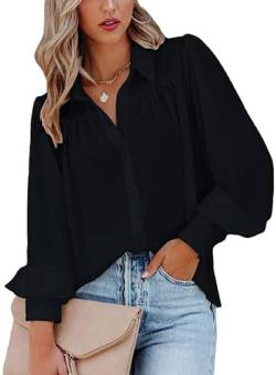 ZIOOER Damen Bluse V-Ausschnitt Langarm Hemd Lässige Oberteile Knopfleiste Hemdbluse Einfarbig Langarmshirt A Schwarz M von ZIOOER