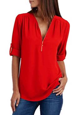 ZIOOER Damen Chiffon Blusen Elegante Reißverschluss Langarmshirts Bluse Tunika Oberteile T-Shirt V-Ausschnitt Tops A Rot M von ZIOOER