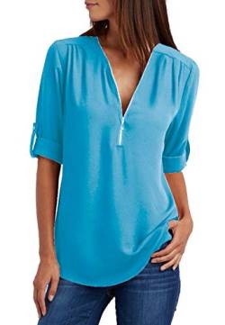 ZIOOER Damen Chiffon Blusen Elegante Reißverschluss Langarmshirts Bluse Tunika Oberteile T-Shirt V-Ausschnitt Tops Himmelblau 5XL von ZIOOER